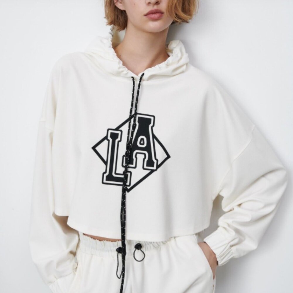 Zara Cropped Hoodie LA Graphic White Cream Black Large Sporty Casual Streetwear